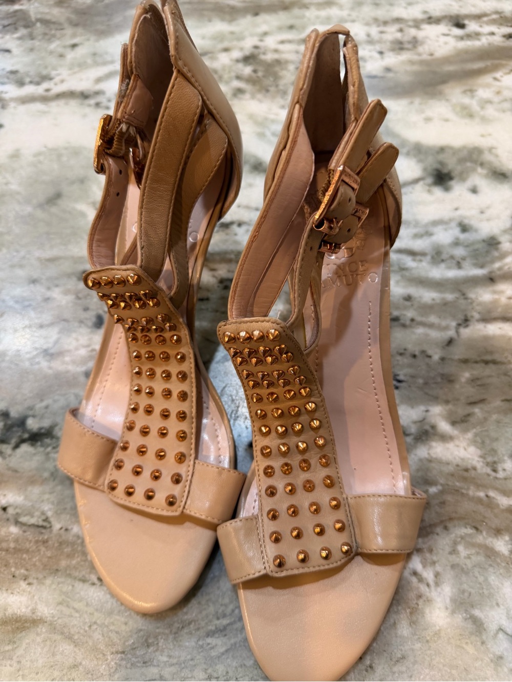 Vince Camuto Beige Studded T-Strap Heels